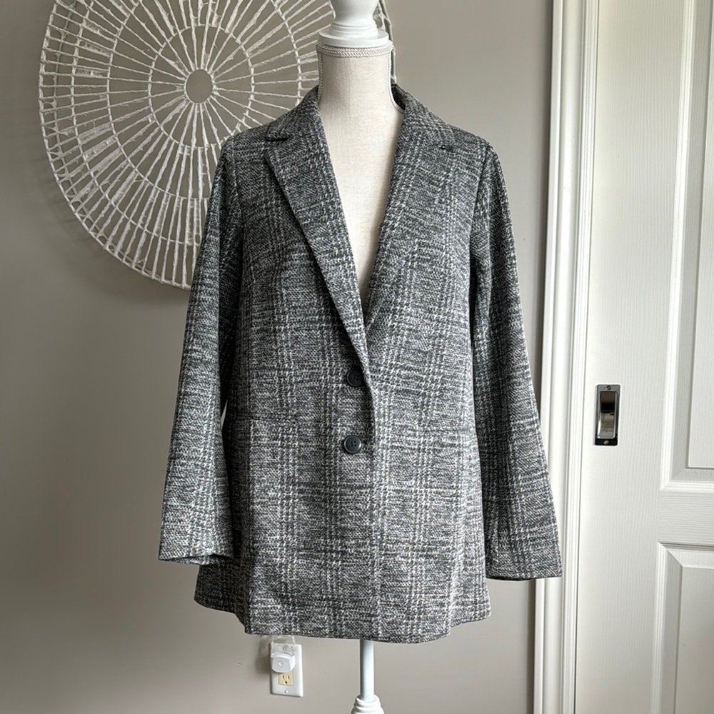 Torrid Textured Knit Longline Gray Plaid Blazer